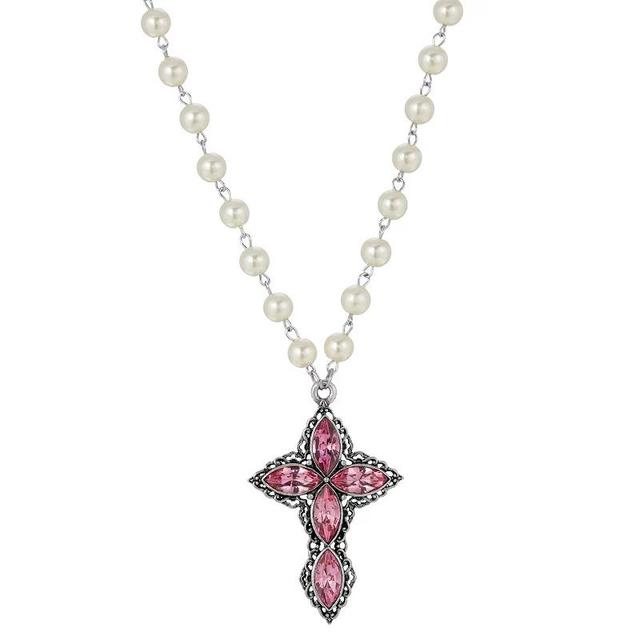 1928 Silver Tone Crystal & Simulated Pearl Cross Necklace, Womens, Pink Product Image