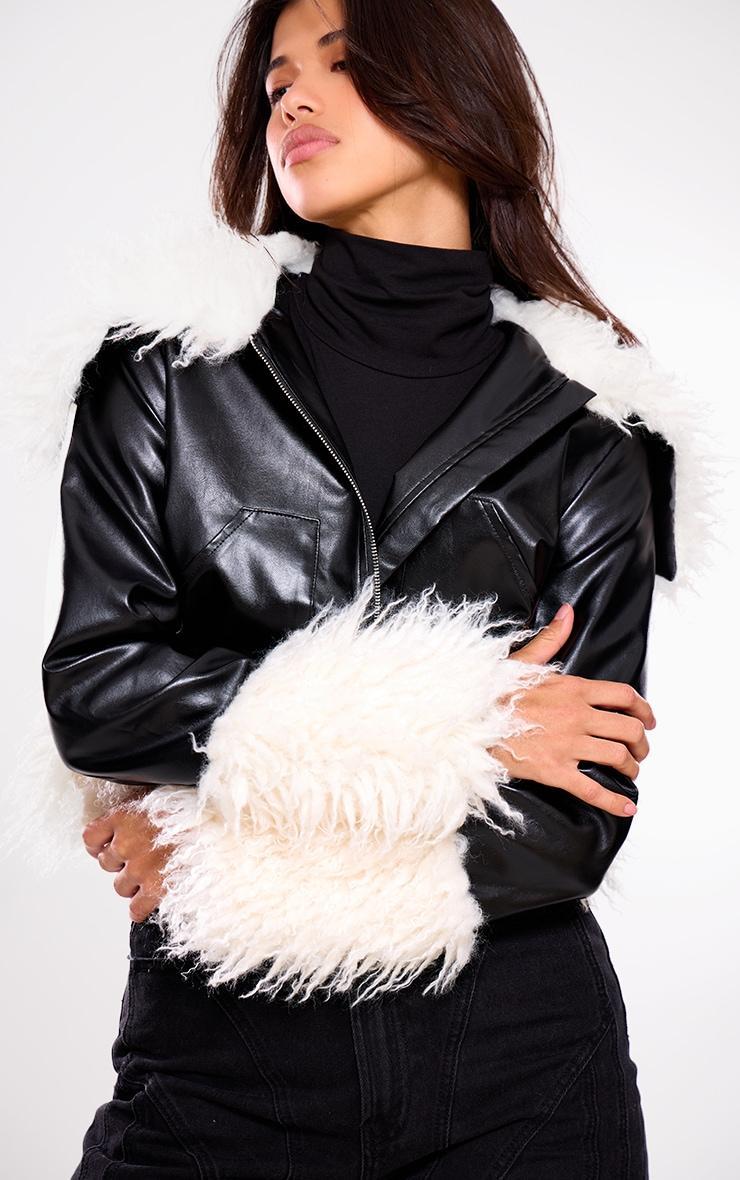 Black Faux Fur Trim Contrast Faux Leather Jacket product image