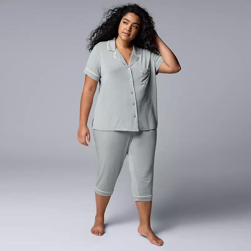 Plus Size Simply Vera Vera Wang Basic Luxury Pajama Shirt & Pajama Capris Set, Womens Light Grey Gray Product Image