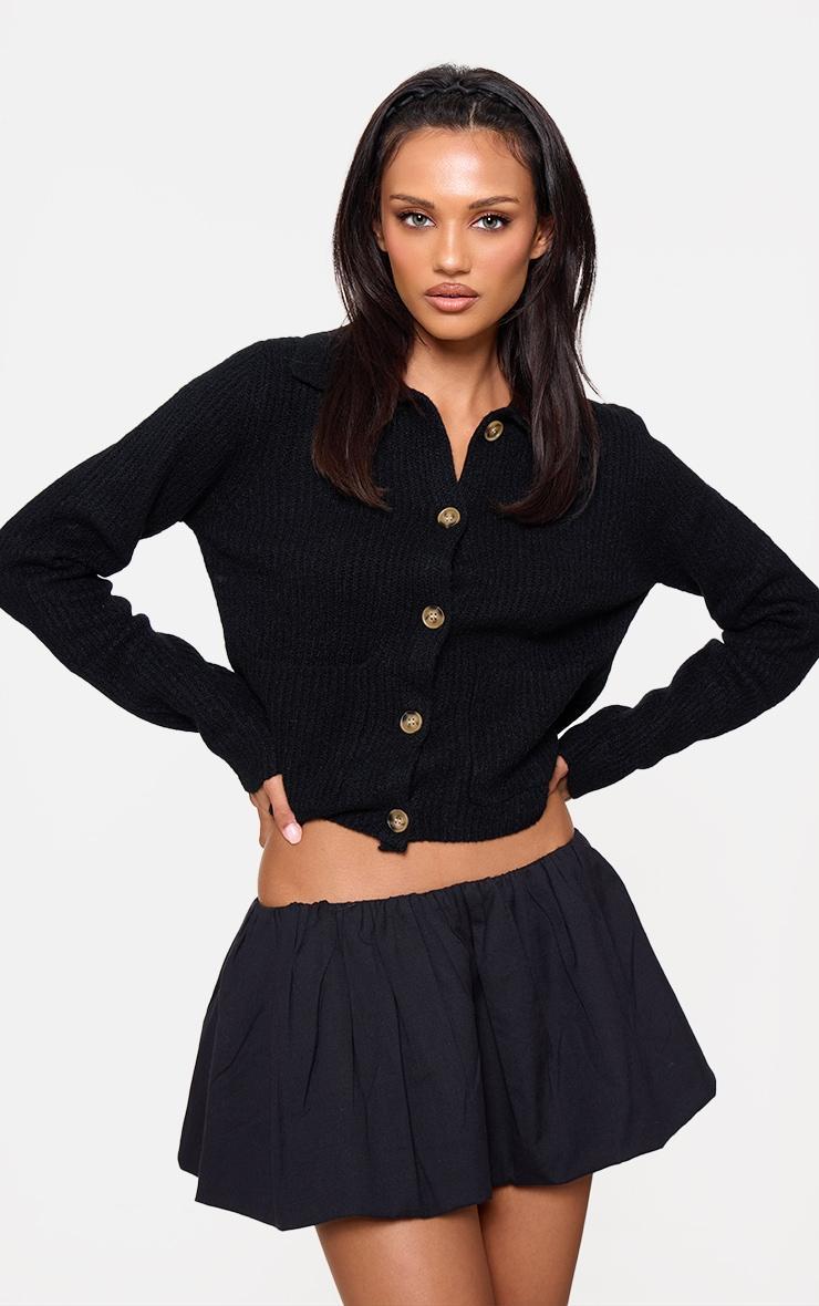 Black Soft Textured Knit Button Up Collar Detail Cardigan Product Image