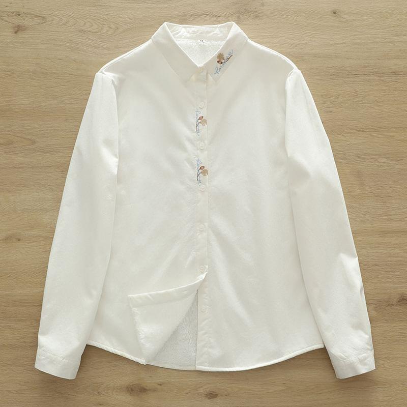 Long Sleeve Collared Floral Embroidered Shirt Product Image