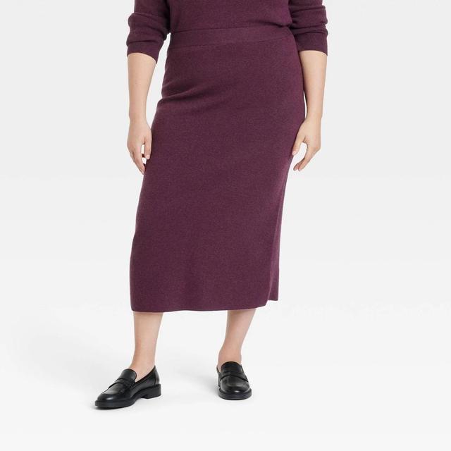 Womens Cozy Knit Midi Sweater Skirt - A New Day Burgundy 2X Product Image