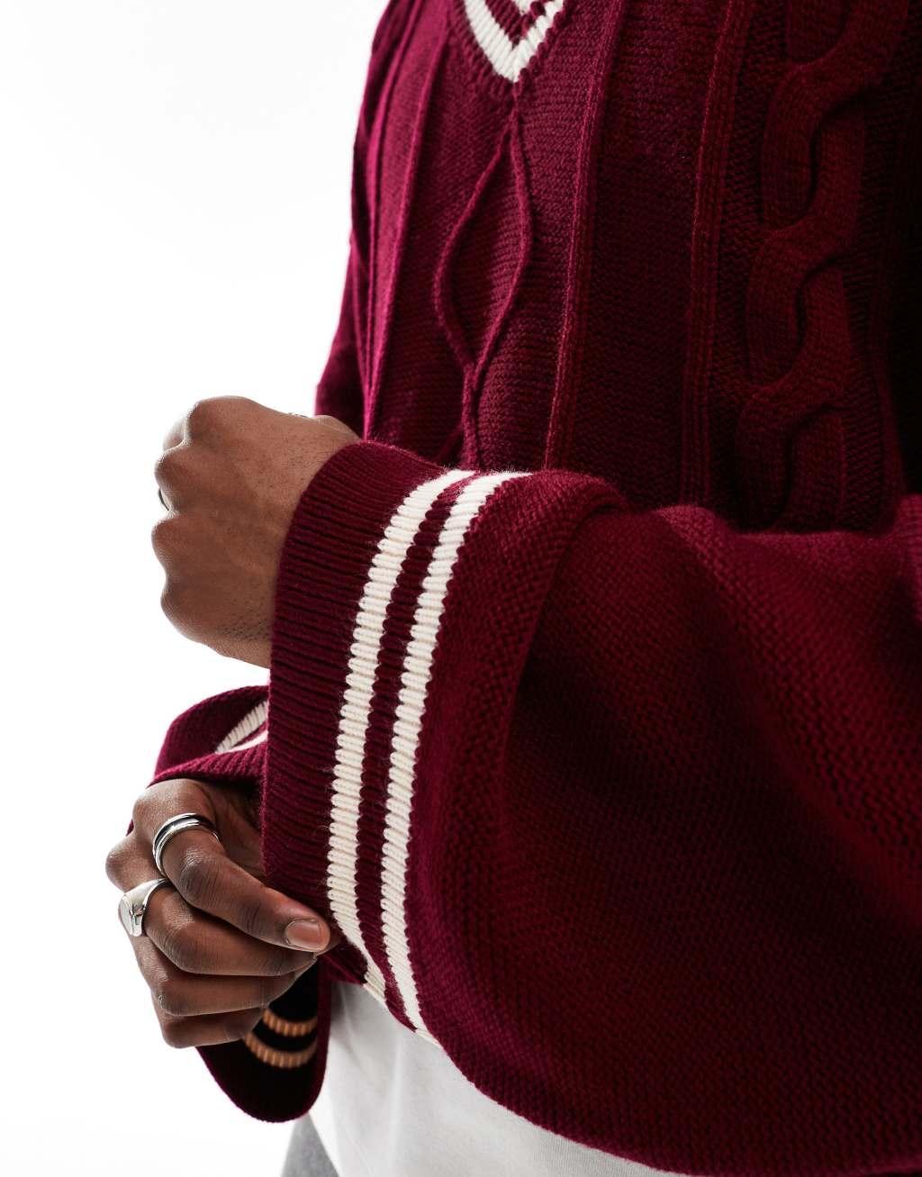 ASOS DESIGN knitted extreme oversized cropped v neck sweater in burgundy with tipping Product Image