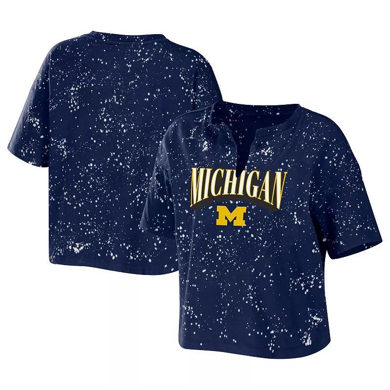 Womens WEAR by Erin Andrews Michigan Wolverines Bleach Wash Splatter Cropped Notch Neck T-Shirt Blue Product Image