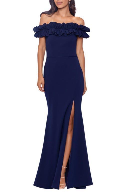 Xscape Evenings Off the Shoulder Ruffle Crepe Trumpet Gown Product Image