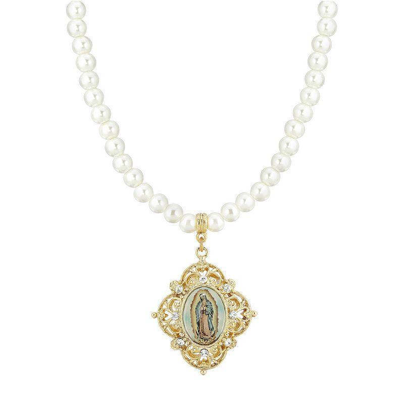 1928 Gold Tone Simulated Pearl Mary Decal Pendant Necklace, Womens, White Product Image