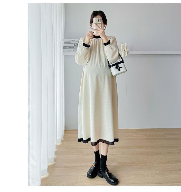 Maternity Set: Long-Sleeve Contrast Trim Midi A-Line Dress + Plain Slit Pinafore Dress Product Image