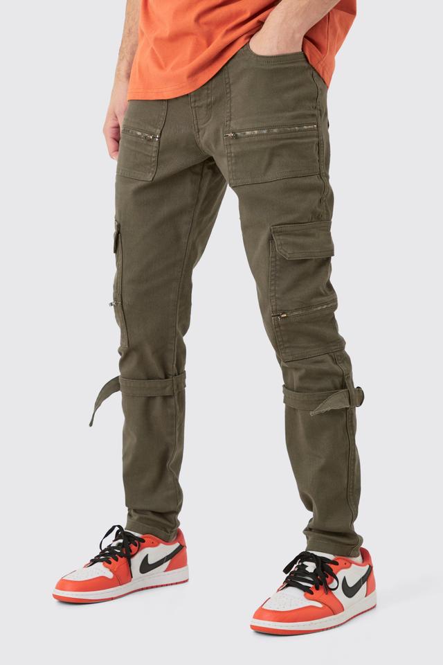 Mens Green Skinny Stretch Zip Multi Strap Cargo Trouser, Green Product Image