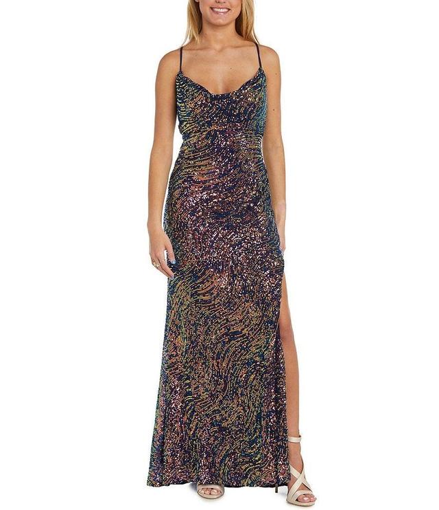 Morgan & Co. Sleeveless Spaghetti Strap Long Rainbow Swirl Sequin Bodice Dress Product Image