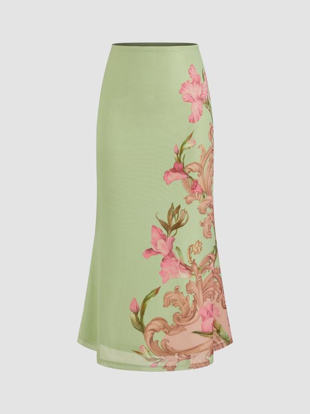 Mesh Mid Rise Floral Maxi Skirt Product Image