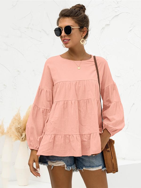 Casual Long Sleeves Puff Sleeves Solid Color Round-Neck T-Shirts Tops Product Image