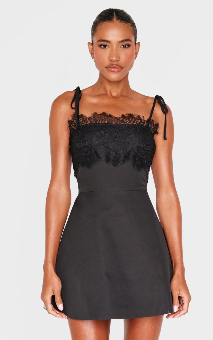 Black Woven Lace Detail Tie Strap A Line Shift Dress Product Image