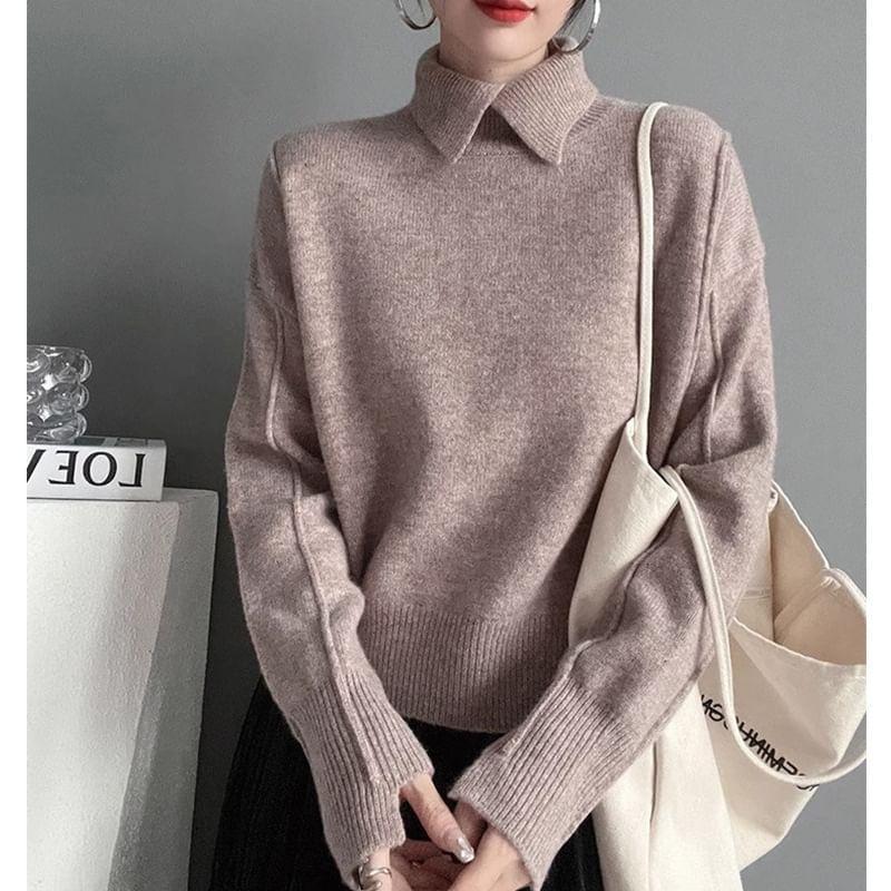 Long-Sleeve Polo-Neck Plain Sweater Product Image