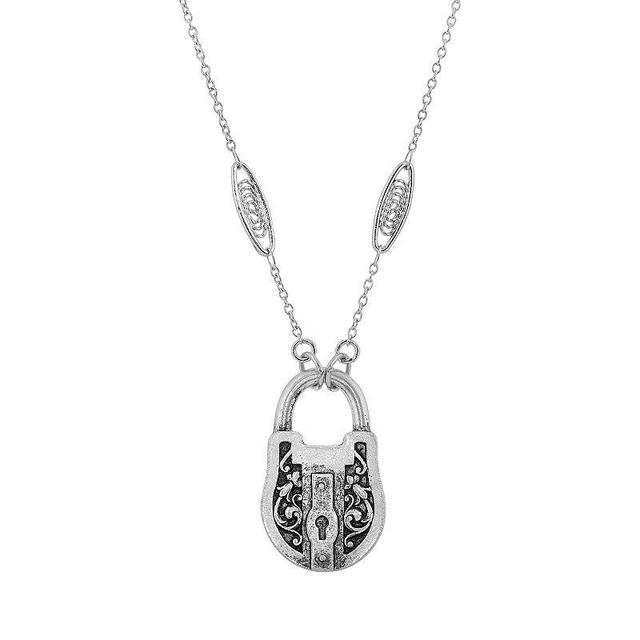 1928 Antiqued Silver Tone Padlock Necklace, Womens Product Image