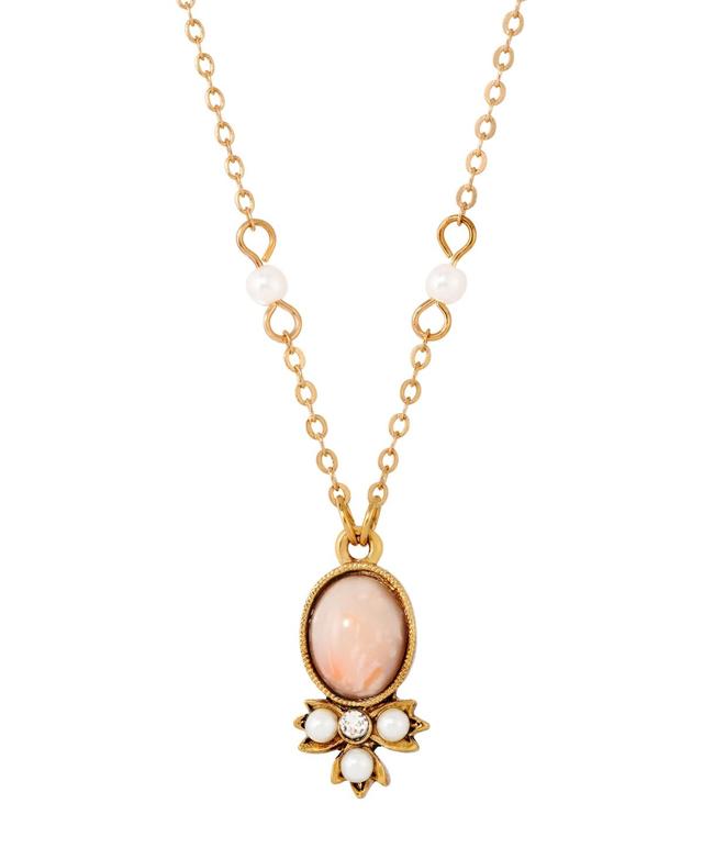 1928 Gold Tone Peach Color Simulated Pearl and Crystal Drop Necklace, Womens, White Product Image