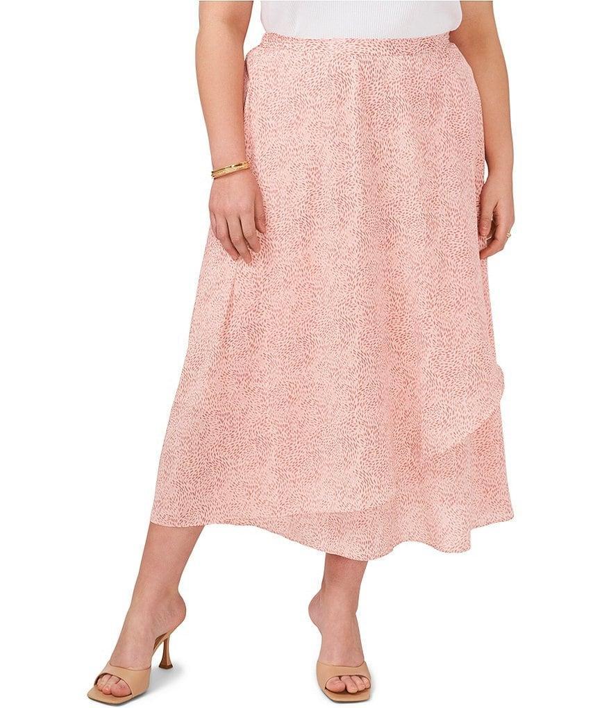 Vince Camuto Plus Size Raining Dots Print High-Low Hem Faux Wrap Woven Yoryu Midi Skirt Product Image