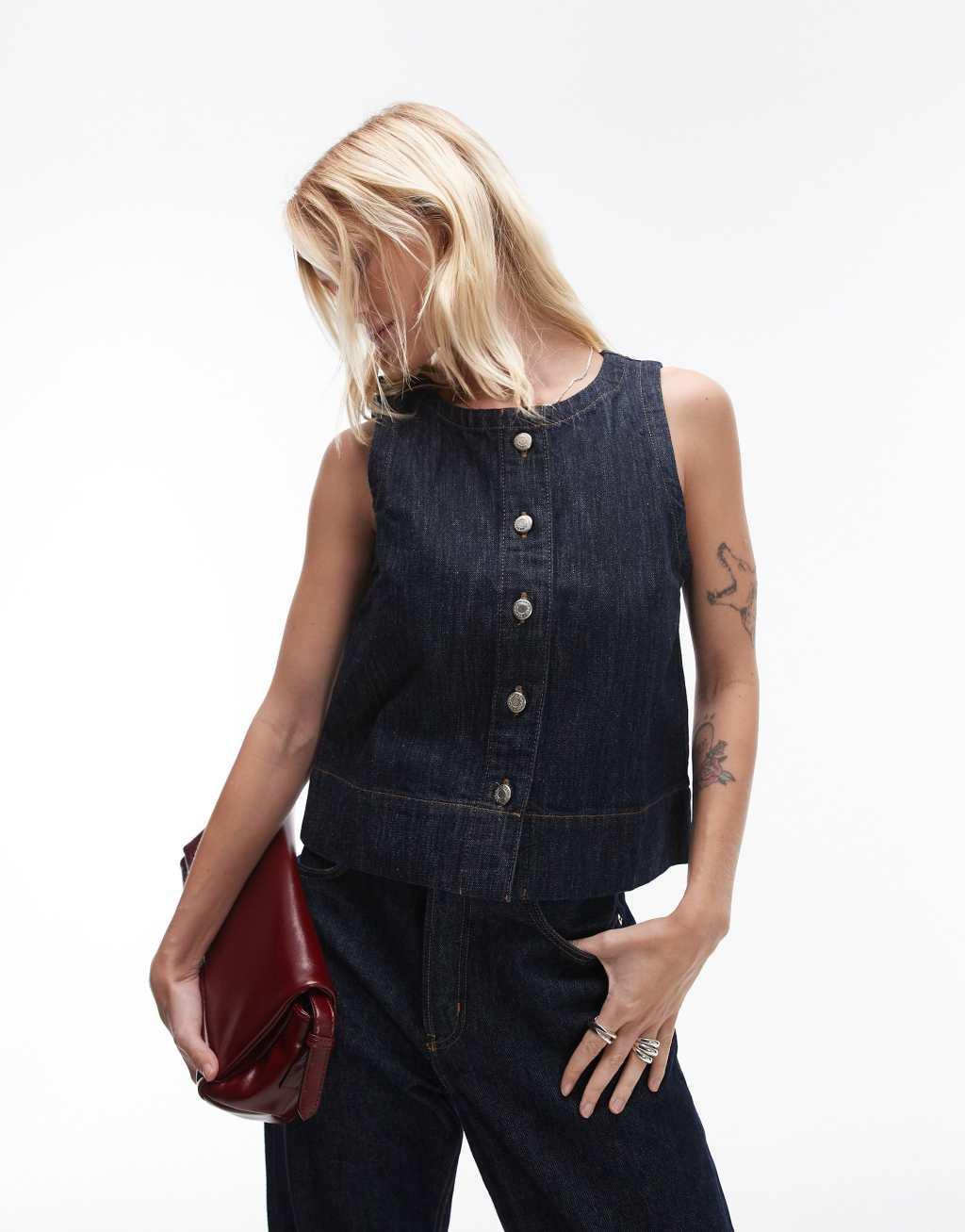 Topshop denim button through top in raw indigo Product Image