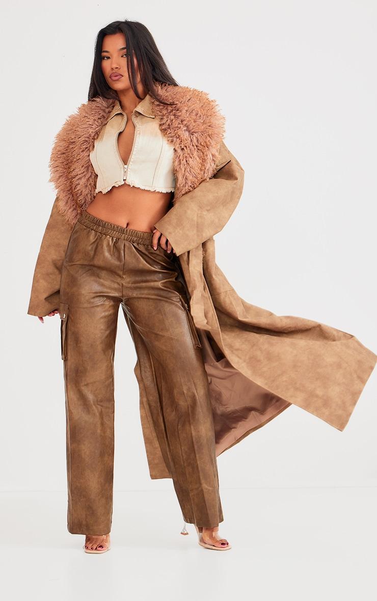 Brown Faux Shaggy Fur Distressed Faux Leather Belted Coat Product Image