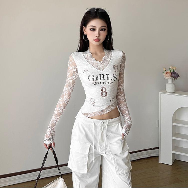 Long-Sleeve V-Neck Lace Panel Lettering Crop Top Product Image