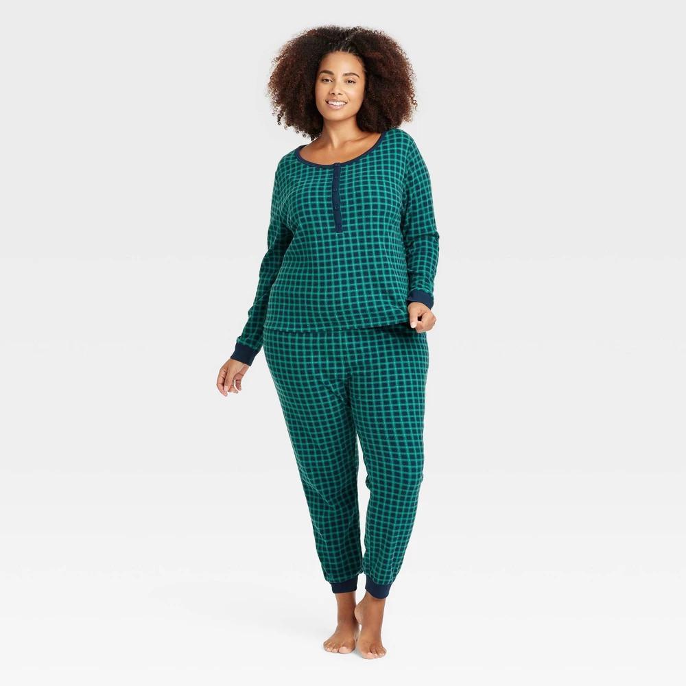 Womens Thermal Long Sleeve Henley Top and Jogger Pants Pajama Set - Auden /Check 2X Product Image