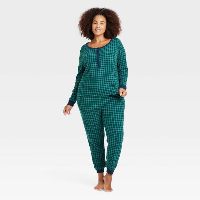 Womens Thermal Long Sleeve Henley Top and Jogger Pants Pajama Set - Auden /Check 4X Product Image