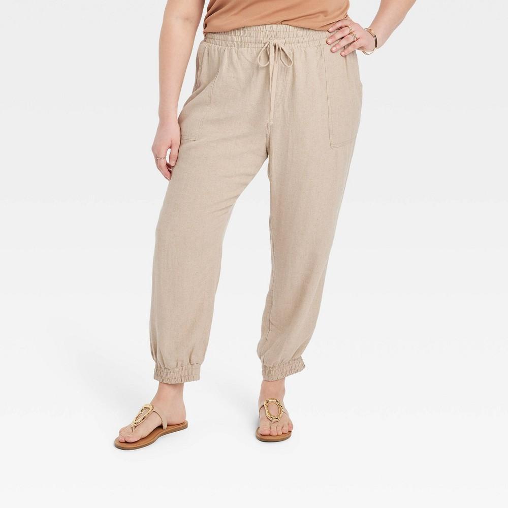 Womens High-Rise Linen Regular Fit Ankle Joggers - A New Day Tan 4X Product Image