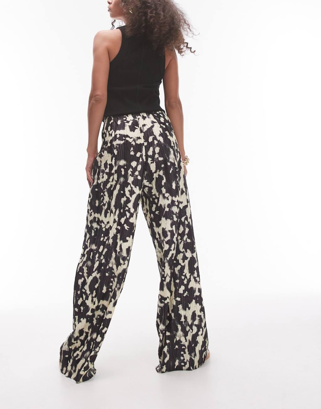 Topshop plisse wide leg pants in blurred animal print Product Image