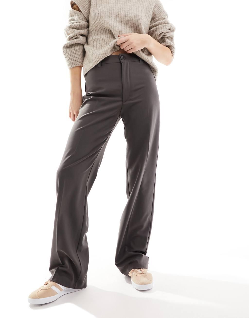 Pull&Bear high rise tailored straight leg pants in dark brown Product Image