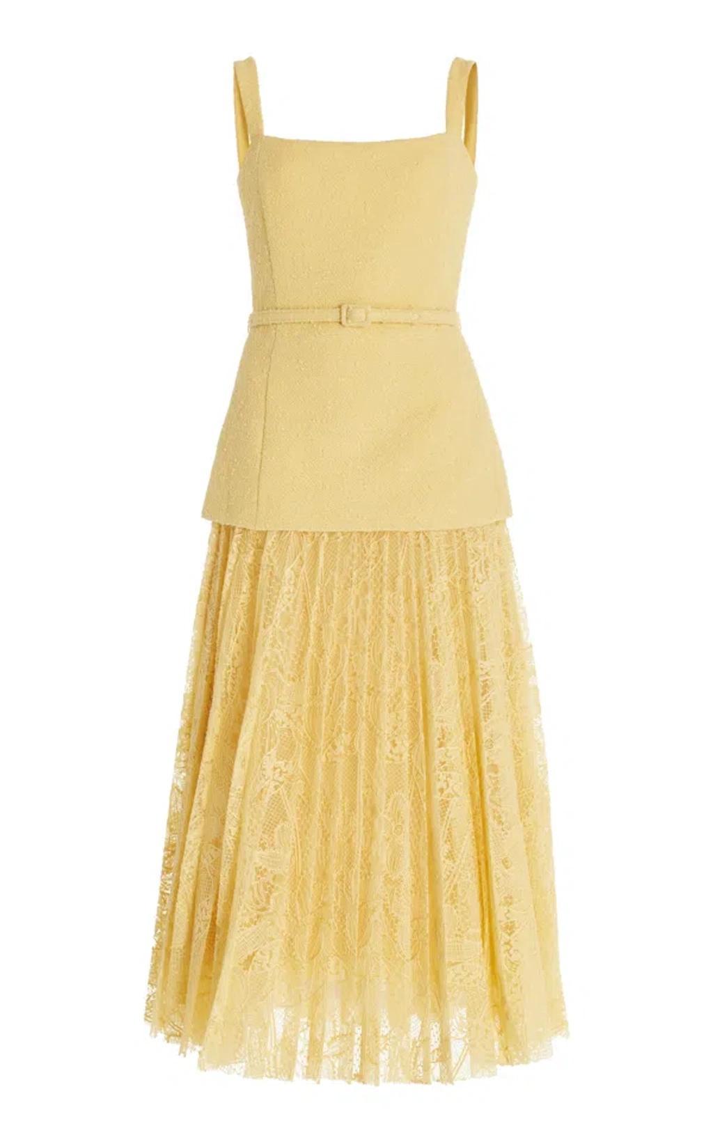 OSCAR DE LA RENTA Pleated Tweed-lace Midi Dress In Banana Product Image