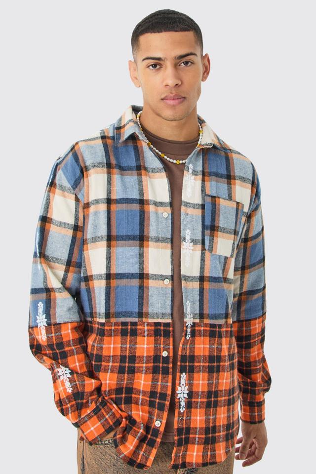 Oversized Check Splice Printed Placket Shirt | boohooMAN USA Product Image