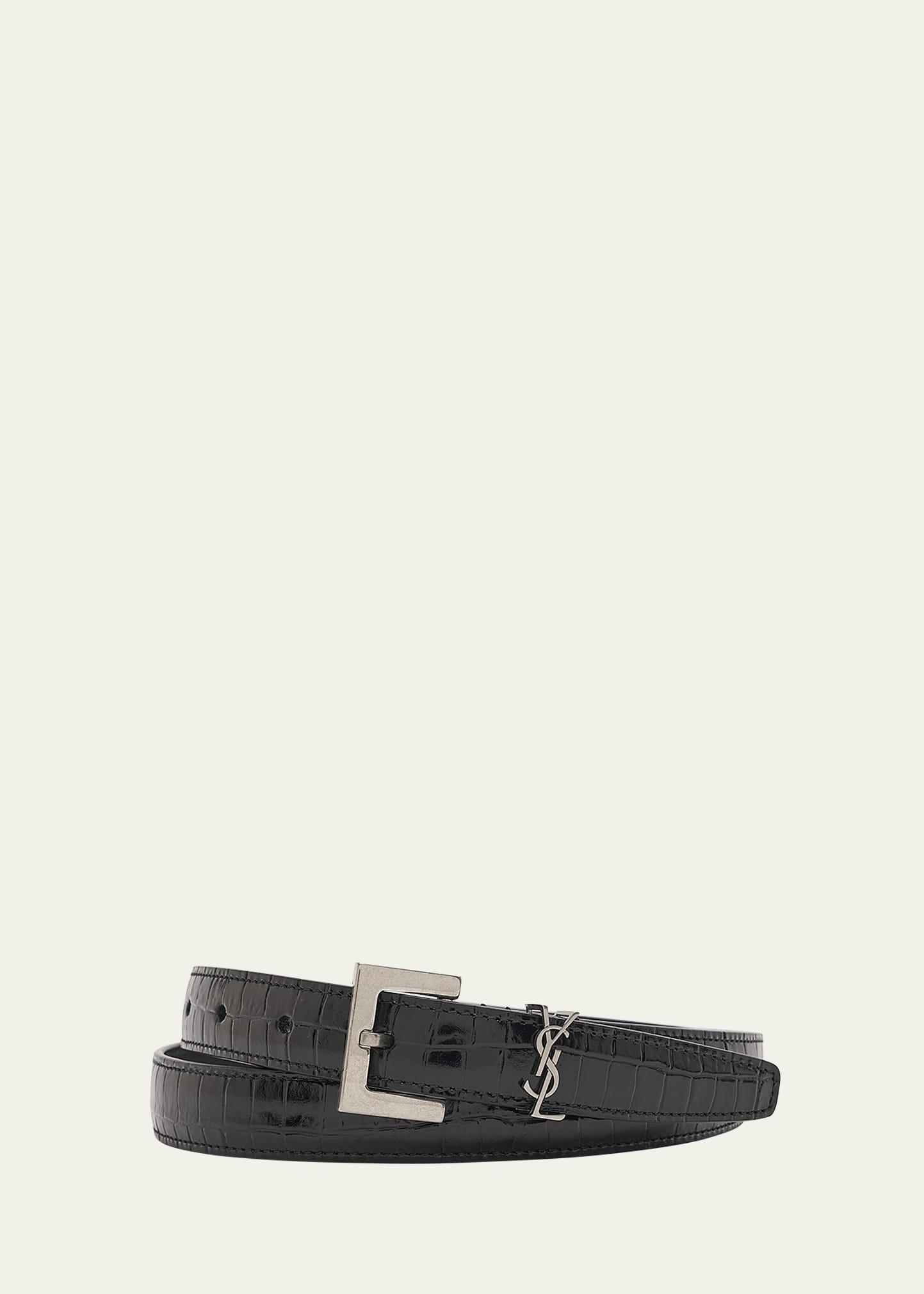 Mens Skinny Croc-Embossed Leather Belt Product Image