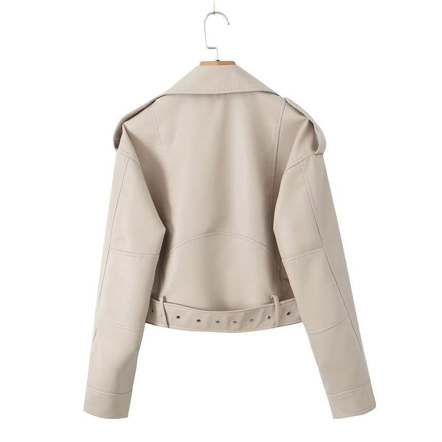 Faux Leather Belted Zip Biker Jacket Product Image