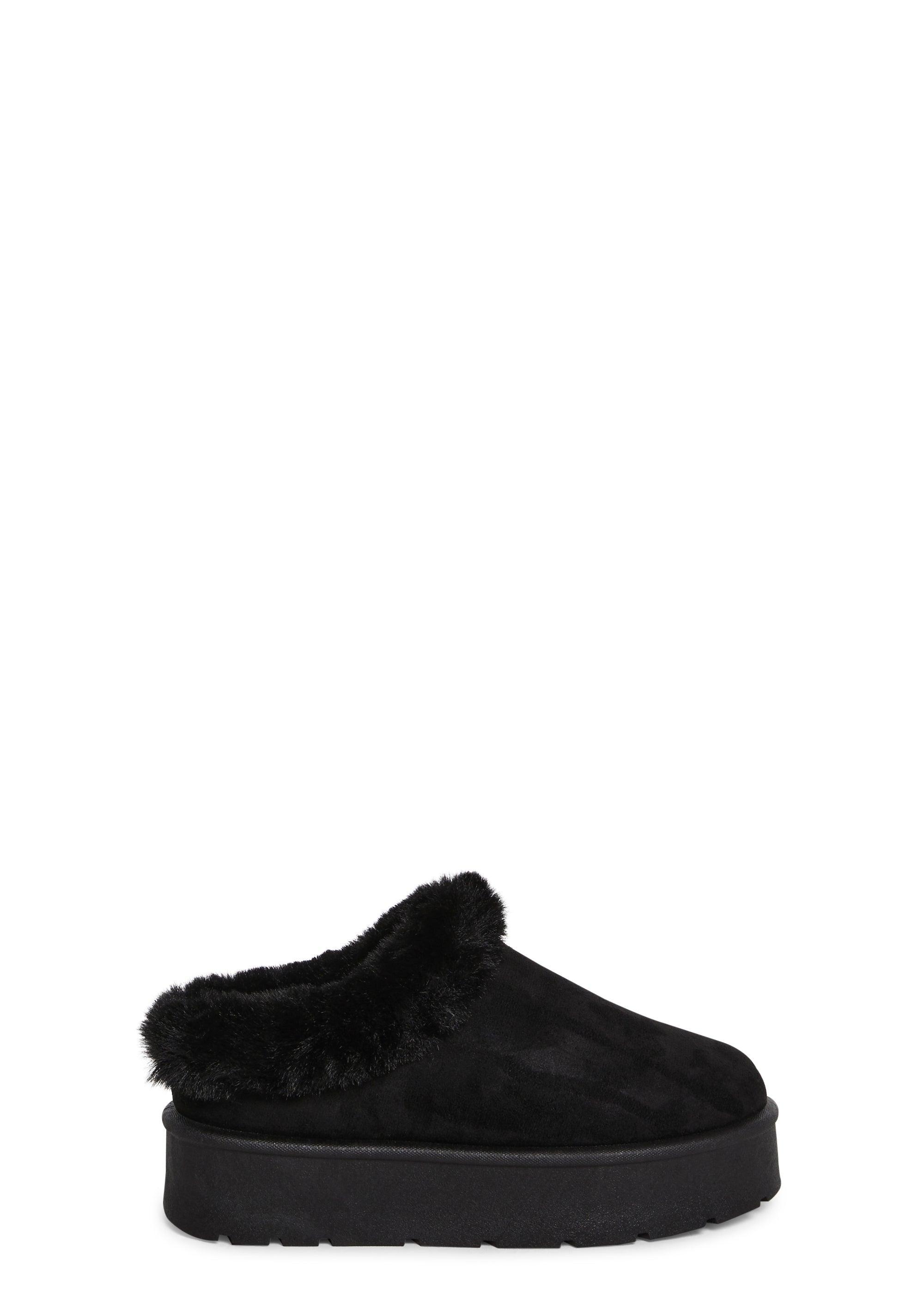 Faux Suede Faux Fur Lining Slip-On Platform Slippers - Black Product Image