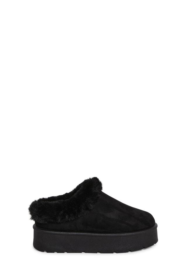 Faux Suede Faux Fur Lining Slip-On Platform Slippers - Black Product Image