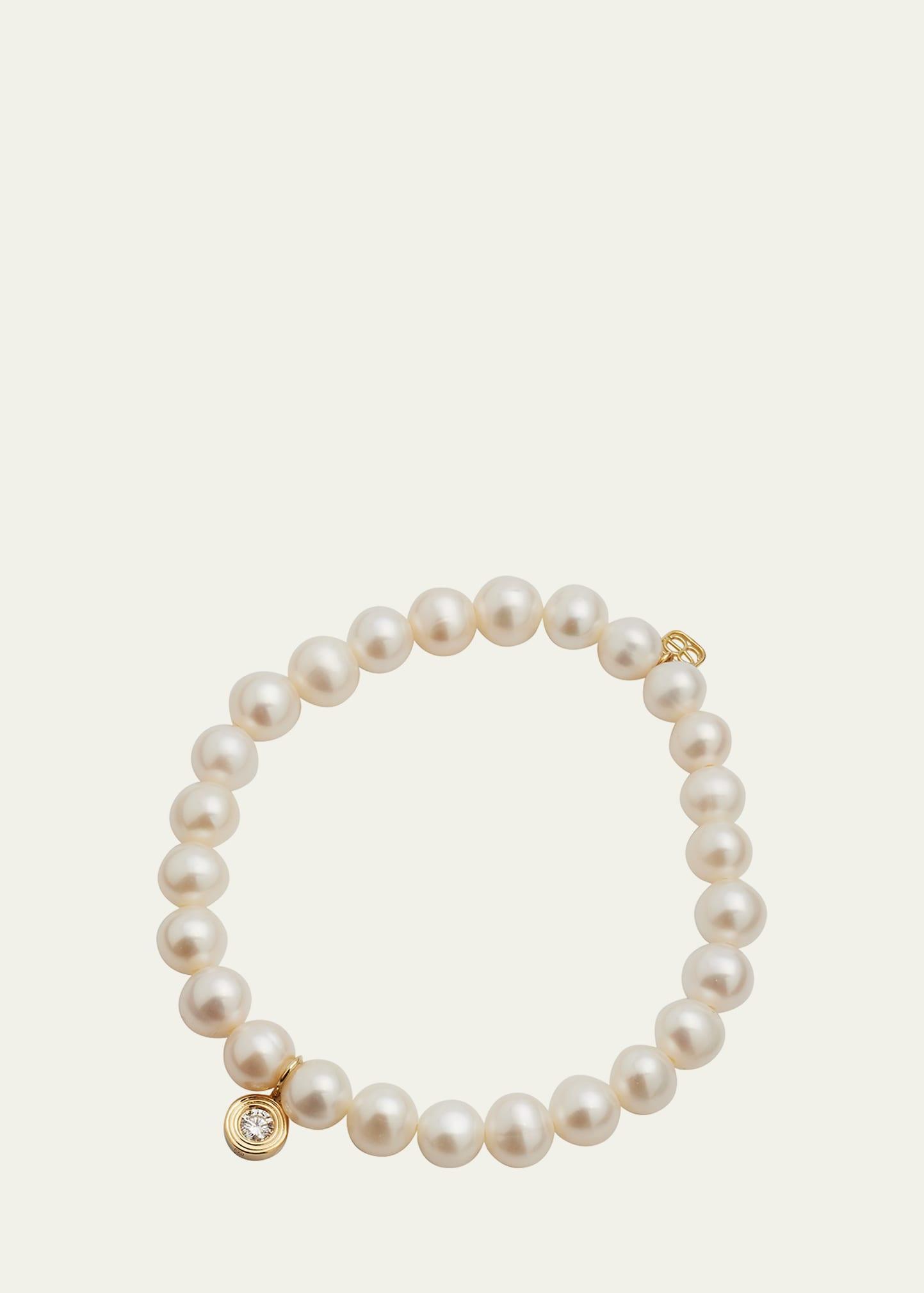 14k Gold Pearl Beaded Bracelet with Diamond Charm Product Image