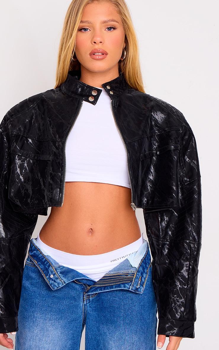 Black Sheen Look Panelled Cropped Biker Jacket Product Image