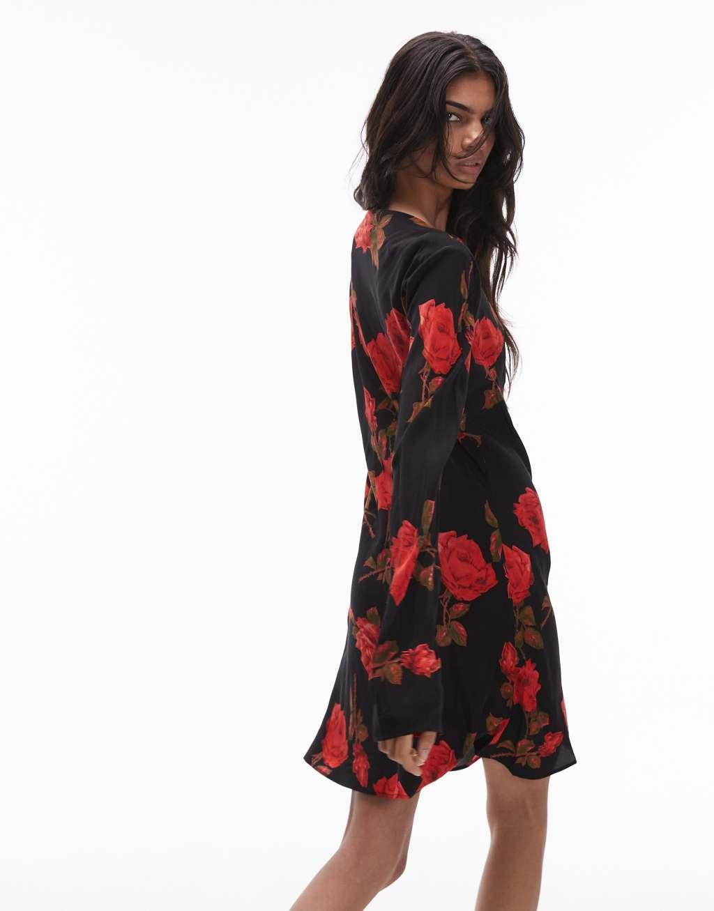 Topshop slash neck bias mini tea dress in rose floral Product Image