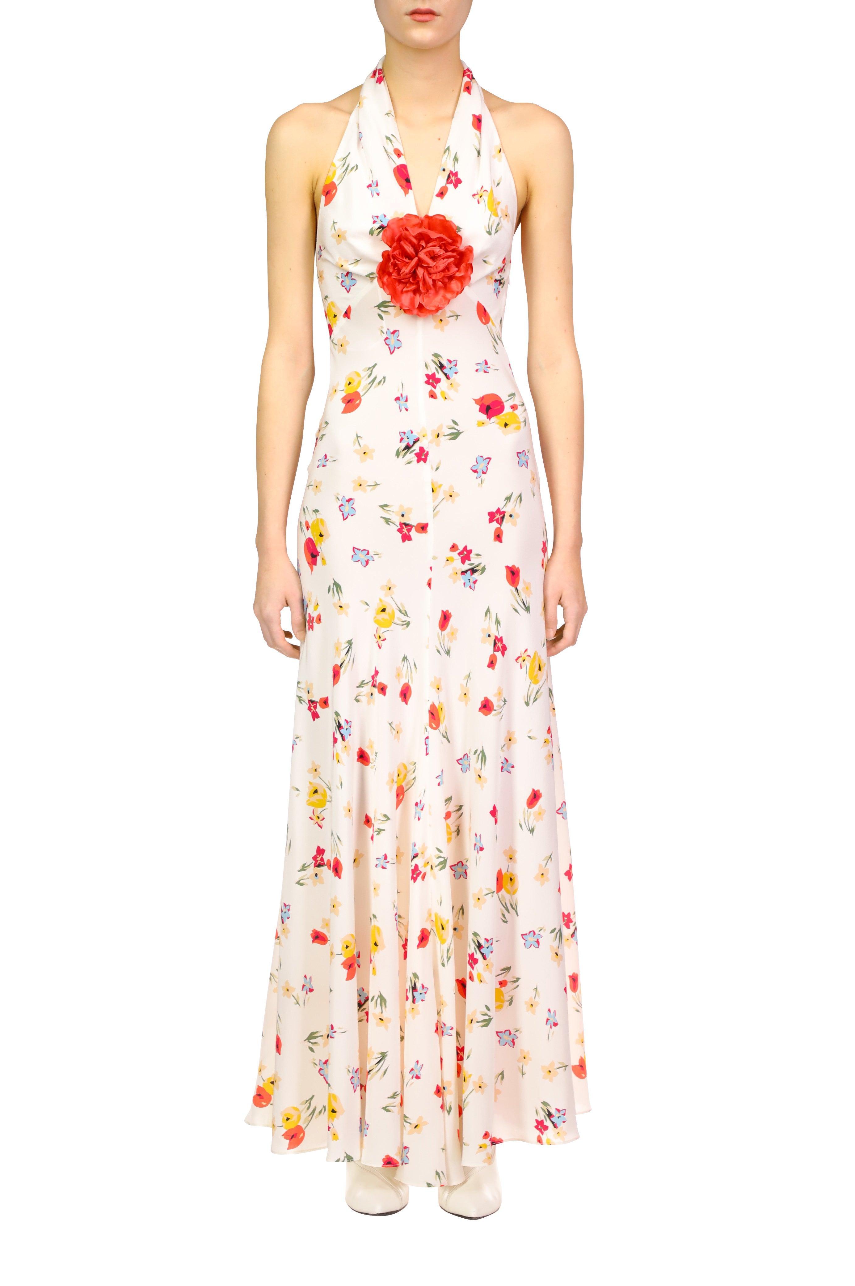 Floral Silk Satin Halter Dress With Silk Flower Pin Product Image