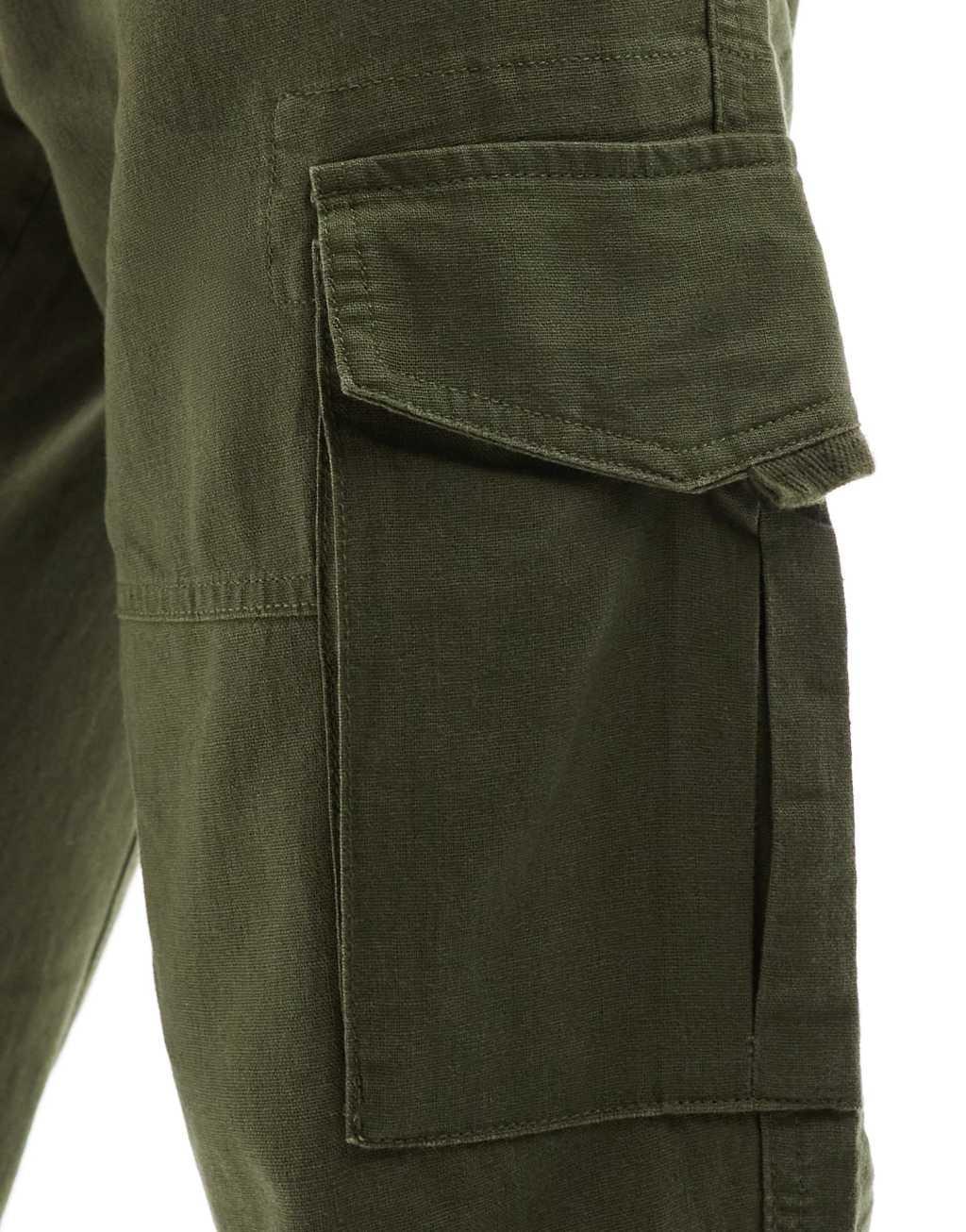 Only & Sons linen mix tapered cargo pants in olive Product Image