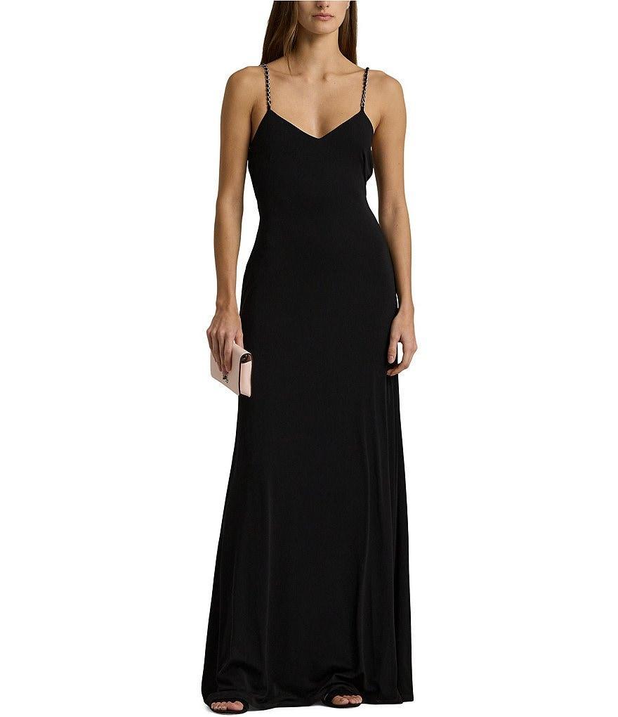 Lauren Ralph Lauren Jersey V-Neck Sleeveless Chain Strap Drape Knotted Open Back Pull-On Maxi Dress Product Image