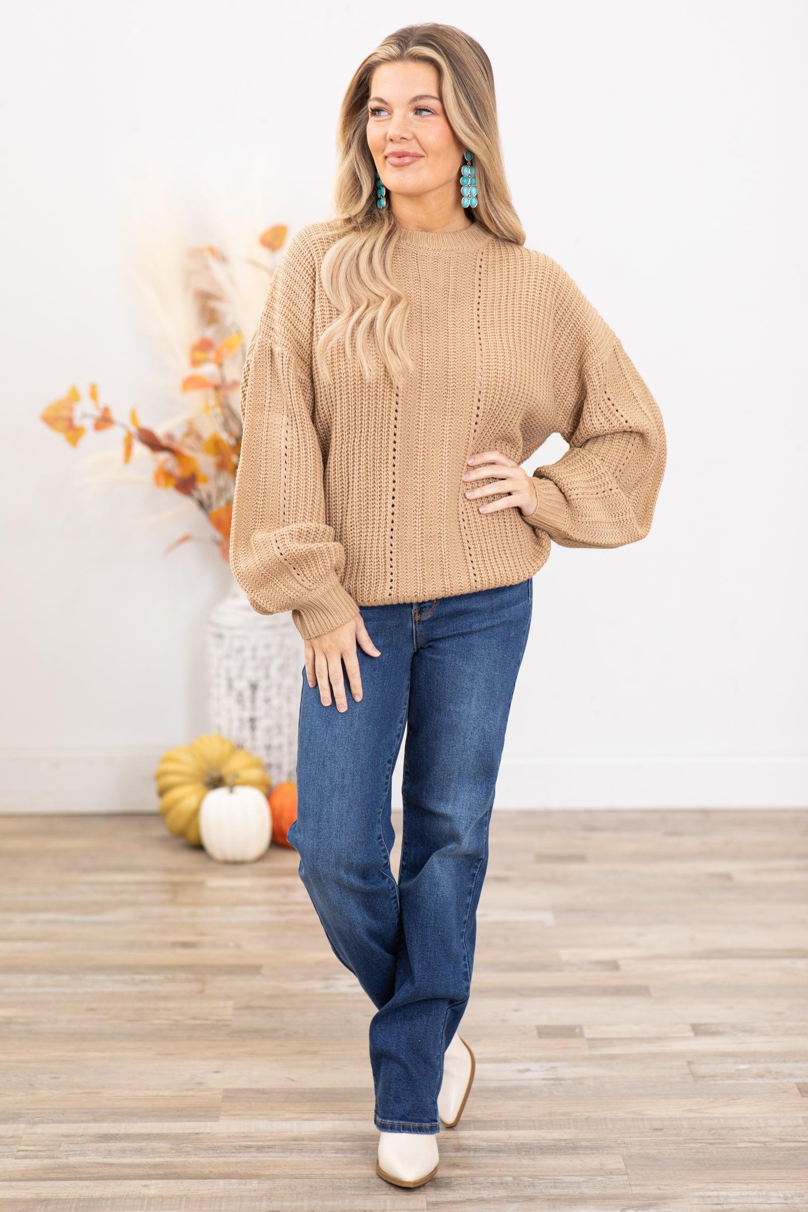 Tan Ribbed Sweater With Fishnet Detail product image