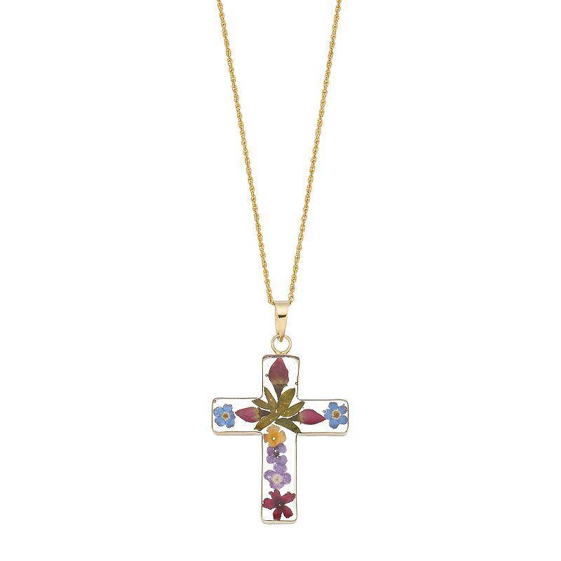 24k Gold Over Silver Pressed Flower Cross Pendant Necklace, Womens Sterling Product Image