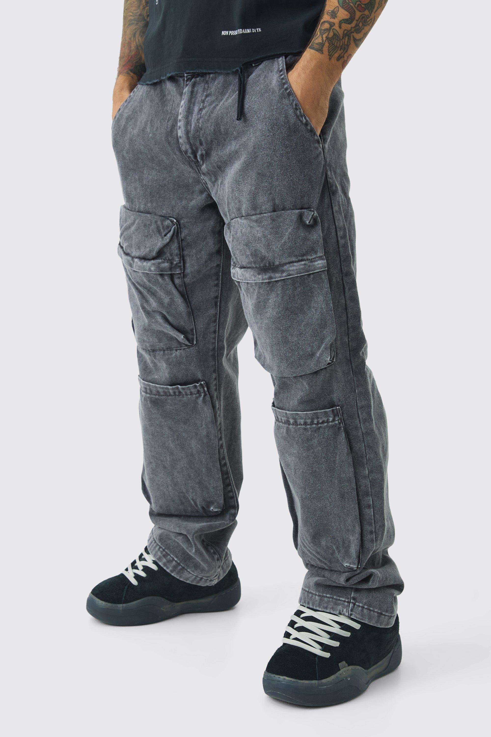 Mens Grey Relaxed Heavyweight Twill Acid Washed Cargo Trousers, Grey Product Image