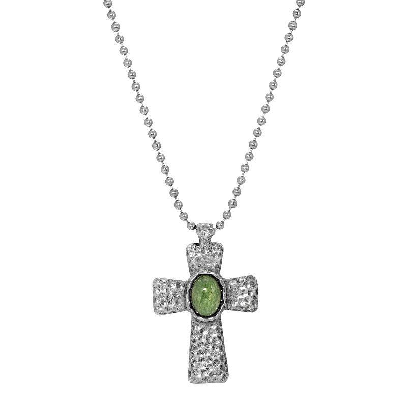 Symbols Of Faith Silver Tone Green Mens Hammered Metal Cross Necklace - 22" Product Image