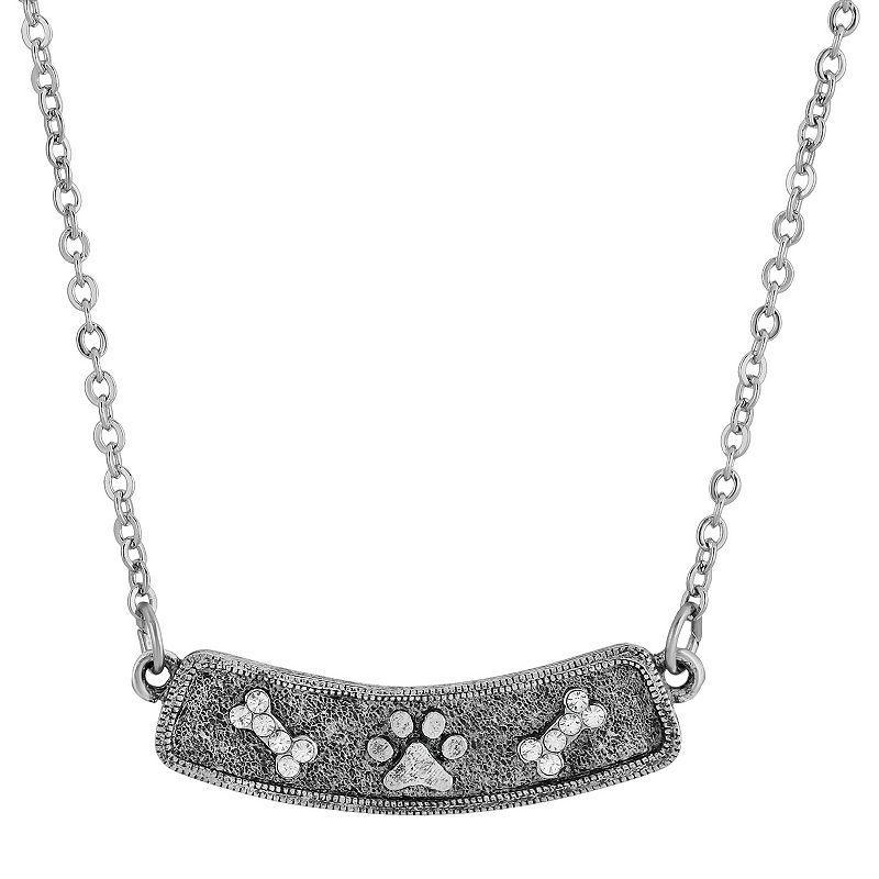 1928 Pewter & Clear Crystal Bone and Paw Bar Necklace, Womens, Silver Product Image