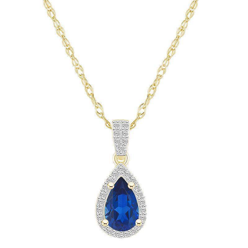 Celebration Gems 10k Gold Gemstone & Lab-Created White Sapphire Teardrop Halo Pendant Necklace, Womens Blue Product Image