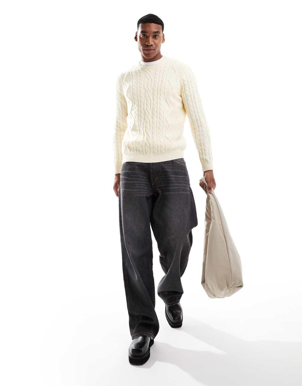 ASOS DESIGN heavyweight cable knit crew neck sweater in cream Product Image