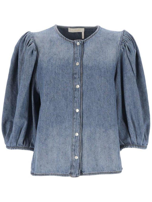 CHLOÉ Ruched Detailed Denim Blouse In Blue Product Image