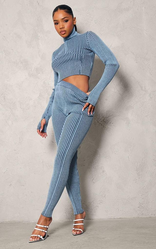 Blue Two Tone Chunky Rib Knit Leggings Product Image