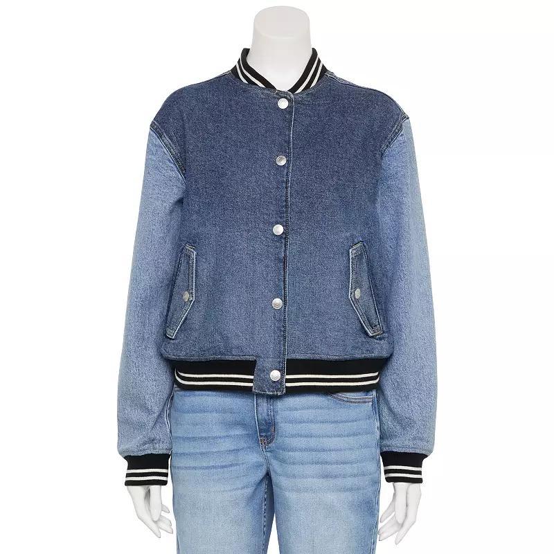 Juniors SO Jean Varsity Jacket, Womens Blue Wash Product Image